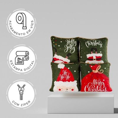 Kit C/ 4 Capas De Almofadas Natal Ano Novo Estampadas 45cm X 45cm C/ Viés Estampa Merry Christmas