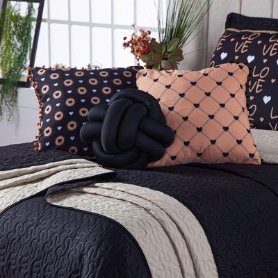 Kit Cobre Leito Colcha King Golden Love Preto/caqui Dupla Face Com Almofadas Estampadas 08 Peças