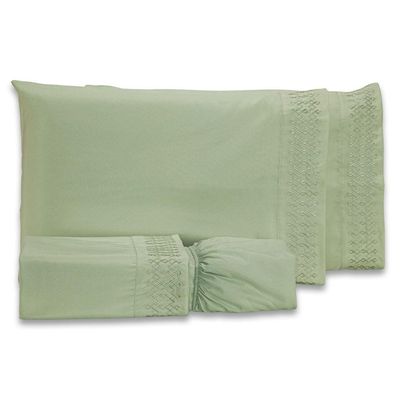 Jogo De Cama Lençol King Harmony Bordado Geométrico Percal 300 Fios Com Fronhas 04 Peças - Toque Acetinado Cor Verde