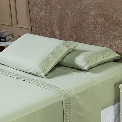 Jogo De Cama Lençol King Harmony Bordado Geométrico Percal 300 Fios Com Fronhas 04 Peças - Toque Acetinado Cor Verde