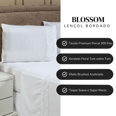 Jogo De Cama Lençol King Blossom Bordado Floral Percal 300 Fios Com Fronhas 04 Peças - Toque Acetinado Cor Branco