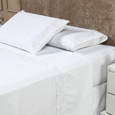 Jogo De Cama Lençol King Blossom Bordado Floral Percal 300 Fios Com Fronhas 04 Peças - Toque Acetinado Cor Branco