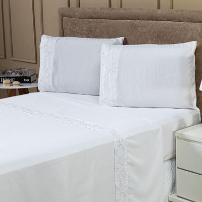 Jogo De Cama Lençol King Blossom Bordado Floral Percal 300 Fios Com Fronhas 04 Peças - Toque Acetinado Cor Branco