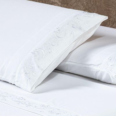 Jogo De Cama Lençol King Blossom Bordado Floral Percal 300 Fios Com Fronhas 04 Peças - Toque Acetinado Cor Branco