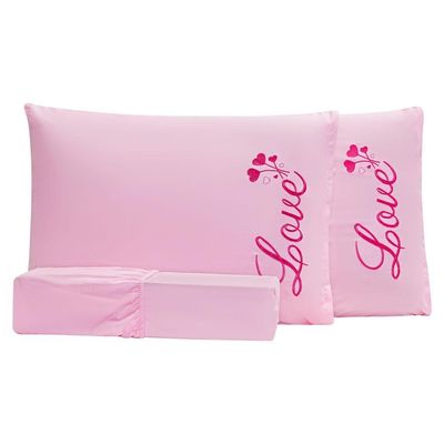 Jogo De Cama Lençol Queen Bordado Love Rosa Com Fronhas 03 Peças - Percal Algodão 140 Fios