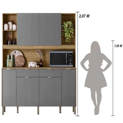 Armário De Cozinha Compacto Botanika 6 Portas 2 Gavetas Nicho P/micro-ondas 1,79m - Freijó/gris