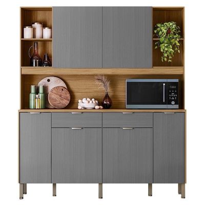 Armário De Cozinha Compacto Botanika 6 Portas 2 Gavetas Nicho P/micro-ondas 1,79m - Freijó/gris