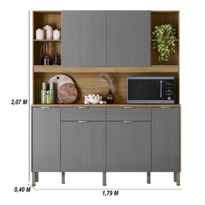 Armário De Cozinha Compacto Botanika 6 Portas 2 Gavetas Nicho P/micro-ondas 1,79m - Freijó/gris