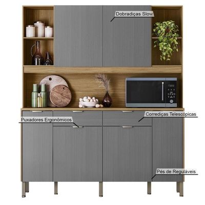 Armário De Cozinha Compacto Botanika 6 Portas 2 Gavetas Nicho P/micro-ondas 1,79m - Freijó/gris