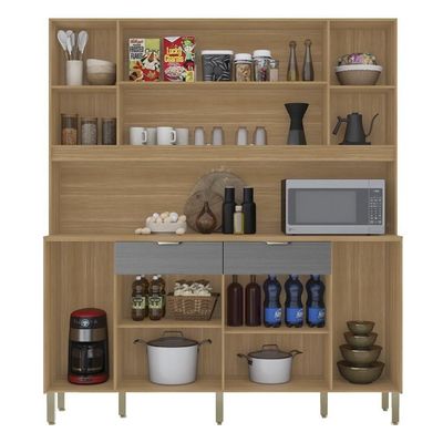 Armário De Cozinha Compacto Botanika 6 Portas 2 Gavetas Nicho P/micro-ondas 1,79m - Freijó/gris