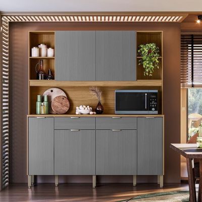 Armário De Cozinha Compacto Botanika 6 Portas 2 Gavetas Nicho P/micro-ondas 1,79m - Freijó/gris