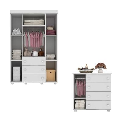 Kit Guarda-roupas Infantil 4 Portas 3 Gavetas E Cômoda 1 Porta 4 Gavetas Mp4209 Branco Branco