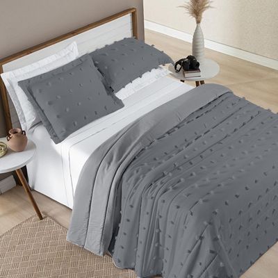 Kit Cobre Leito Colcha Sofist King 3 Peças MicroPercal 300 Fios Detalhado Bolinhas - Cinza
