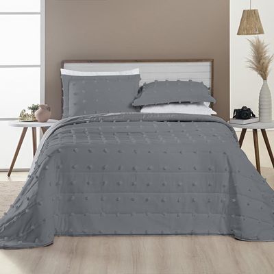 Kit Cobre Leito Colcha Sofist King 3 Peças MicroPercal 300 Fios Detalhado Bolinhas - Cinza