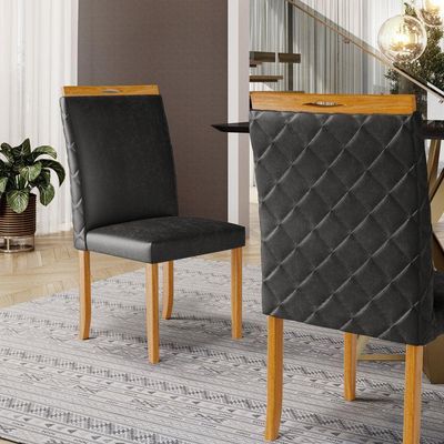 Kit Com 2 Cadeiras Agnes Madeira Maciça Estofadas Para Mesa De Jantar Courino Preto 503