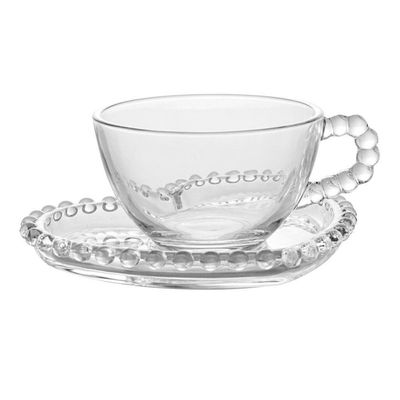 Conjunto 04 Xícaras De Chá De Cristal 180ml Com Pires Coração Pearl Wolff