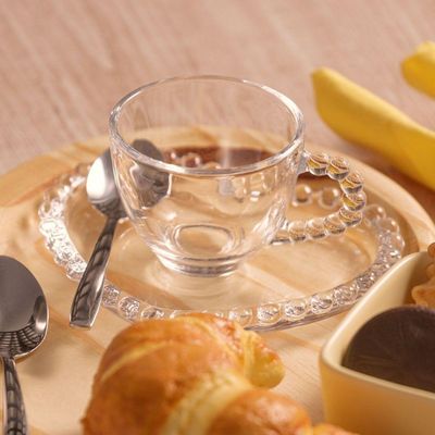 Conjunto 04 Xícaras De Chá De Cristal 180ml Com Pires Coração Pearl Wolff
