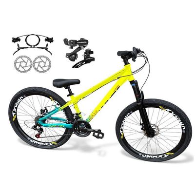Bicicleta aro26 VikingxTuffX44 Câmbios Shimano 21v Freio Hidráulico Freeride Pneu Flame AmareloVerde