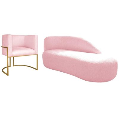 Kit Divã Luna 185cm Lado Direito E 01 Poltrona Base De Ferro Dourado Suede Cor Rosa Bebê