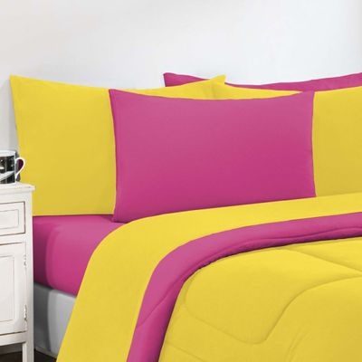 Kit Edredom + Jogo De Lençol Malha 100% Algodão Gran Moratta 6 Peças Queen - Amarelo/Pink
