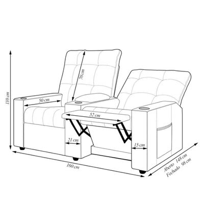 Poltrona do Papai Reclinável Cinema 2 Lugares Manual Baú USB Haifa F05 Facto Preto B - Lyam Decor