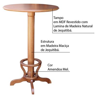 Mesa Bar Redonda com Suporte para pés Madeira Maciça Adan Amêndoa Mel - Gran Belo