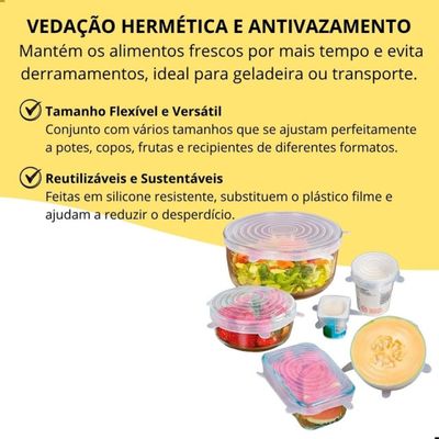 Kit 6 Tampas Silicone Universal Pote Panela Forma Reutilizável Elástico