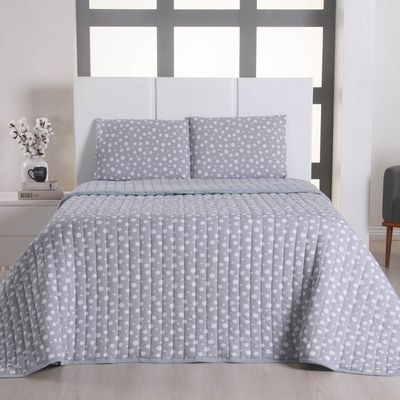 Kit Cobre Leito Colcha Polly Queen 3 Peças Malha 100% Algodão Estampa Bolinhas - Cinza