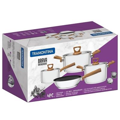 Jogo De Panelas Tramontina 4 Peças Brava Antiad. Aço Inox Fundo Triplo Com Acab. Amadeirado 65300310