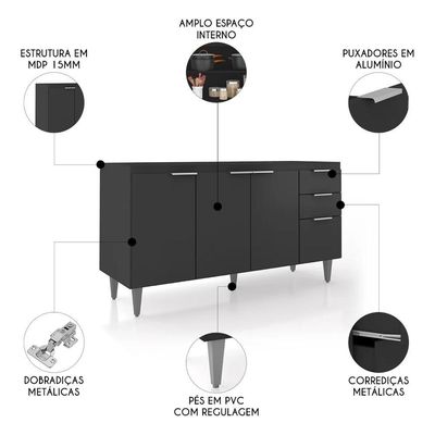 Balcão Para Pia 150cm Sem Tampo Pérola Z34 Preto - Mpozenato