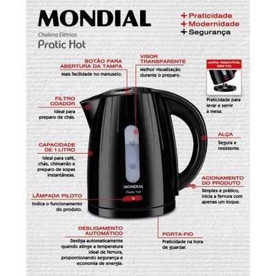 Chaleira Mondial Elétrica Pratic Hot 1 Litro CE-07 Preto