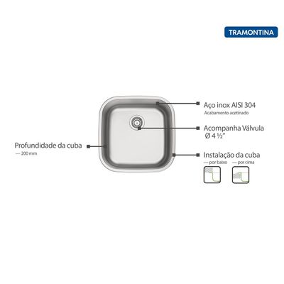 Cuba de Embutir ou Sobrepor Tramontina Tramontina Aria Maxi 40 BS em Aço Inox Acetinado 40x40 cm