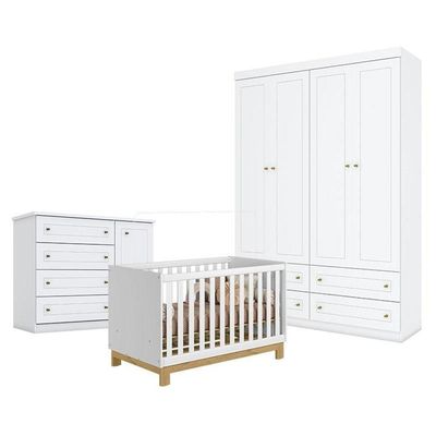 Quarto De Bebê Americano 4 Portas Com Berço Americano Mini Cama Q Encanto Slim Branco Acetinado - Qmovi - Henn