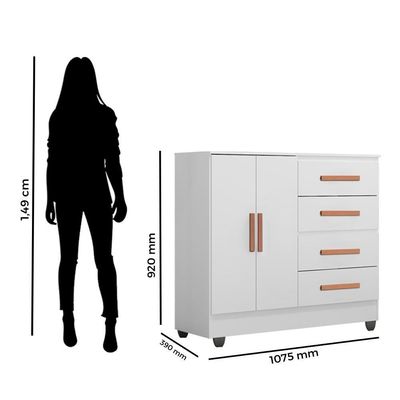 Guarda Roupa Casal Capela Com Cômoda 4 Gavetas 2 Porta E Armário Multiuso Lite Branco Brilho - Móveis Leão