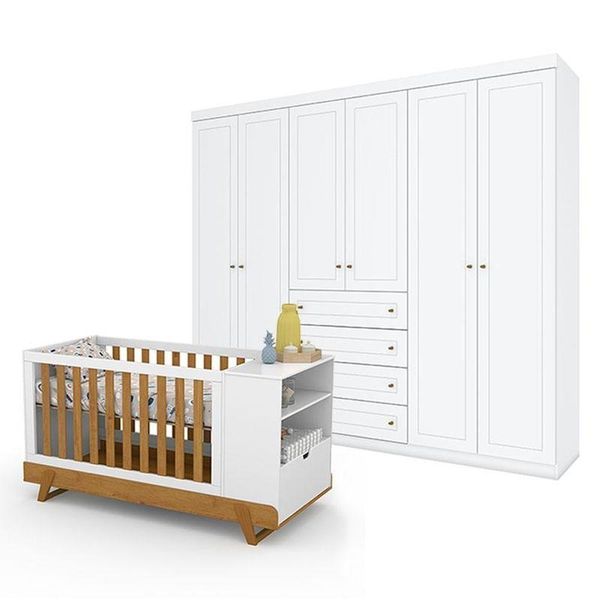 Berço Multifuncional Bkids Branco Freijó Eco Wood - Matic E Guarda Roupa Casal Americano 6 Portas Branco Hp - Henn