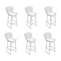 Kit 6 Banquetas Bistrô Bertoia Cromada D80 Com Assento Sintético Branco