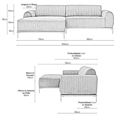 Sofá Molino 5 Lugares 300cm Chaise Direito Pés Gold Veludo Creme - Nexta Casa