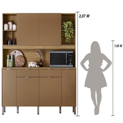 Armário De Cozinha Compacto Botanika 6 Portas 2 Gavetas Nicho P/micro-ondas 1,79m - Freijó/caramelo