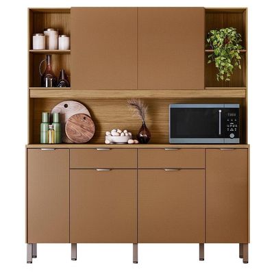 Armário De Cozinha Compacto Botanika 6 Portas 2 Gavetas Nicho P/micro-ondas 1,79m - Freijó/caramelo
