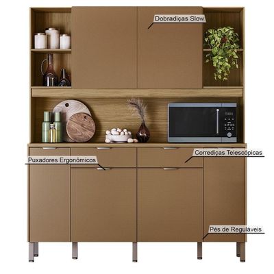 Armário De Cozinha Compacto Botanika 6 Portas 2 Gavetas Nicho P/micro-ondas 1,79m - Freijó/caramelo