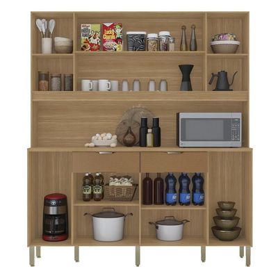 Armário De Cozinha Compacto Botanika 6 Portas 2 Gavetas Nicho P/micro-ondas 1,79m - Freijó/caramelo