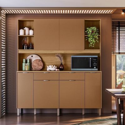 Armário De Cozinha Compacto Botanika 6 Portas 2 Gavetas Nicho P/micro-ondas 1,79m - Freijó/caramelo