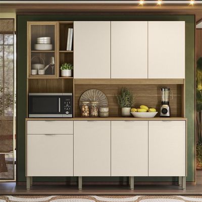 Armário De Cozinha Compacto Kits Paraná Nature 8 Portas 1 Gaveta Nicho Decorativo 1,94m - Freijó/soft
