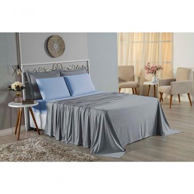 Jogo De Cama Solteiro Nobre 3 Peças Lençol Com Elástico De 30cm De Altura Malha 100% Algodão - Cinza / Azul-bebê