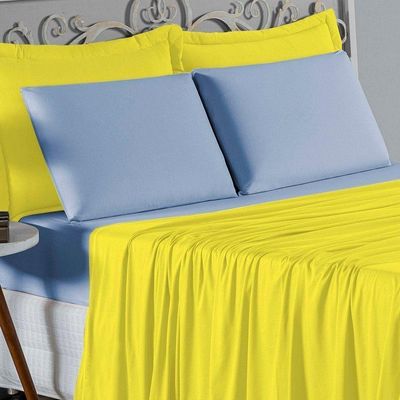 Jogo De Cama Queen Nobre 4 Peças Lençol Com Elástico De 30cm De Altura Malha 100% Algodão - Amarelo / Azul-bebê