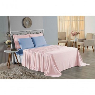 Jogo De Cama King Nobre 4 Peças Lençol Com Elástico De 30cm De Altura Malha 100% Algodão - Rosa / Azul-bebê