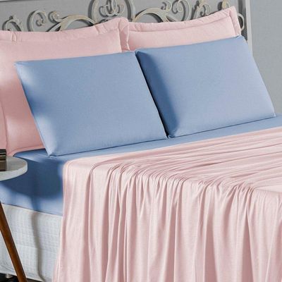 Jogo De Cama King Nobre 4 Peças Lençol Com Elástico De 30cm De Altura Malha 100% Algodão - Rosa / Azul-bebê