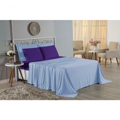 Jogo De Cama Casal Viúva Nobre 4 Peças Malha 100% Algodão - Azul-bebê / Roxo