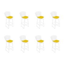 Kit 8 Banquetas Bistrô Bertoia Branca D70 Com Assento Amarelo