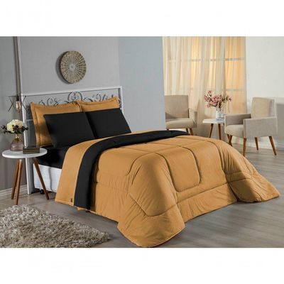 Kit Edredom Dupla Face + Jogo De Lençol King Nobre 7 Peças Malha 100% Algodão - Cobre / Preto